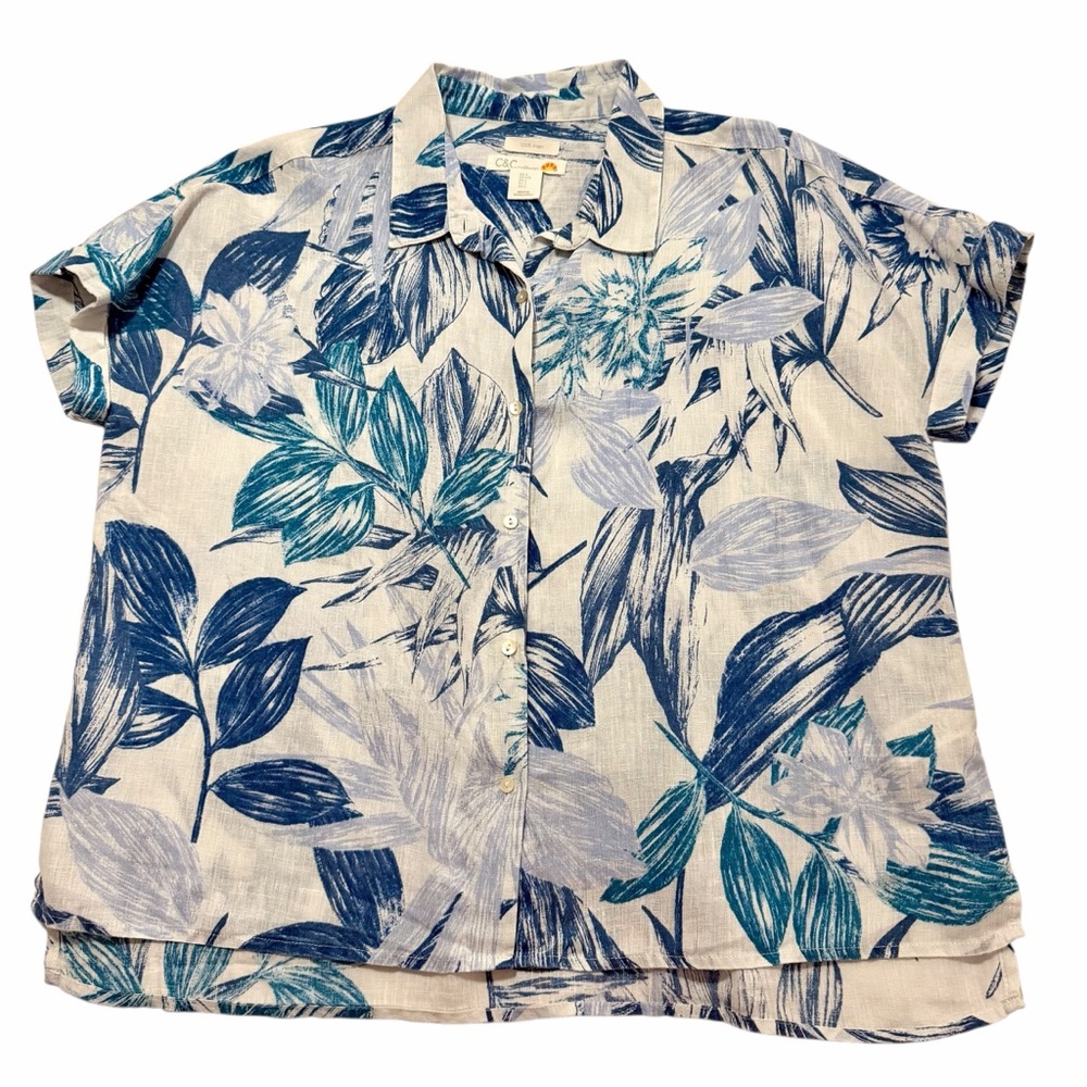 C&C California White Blue Linen Tropic Blouse Top Size M Tropical Camp Shirt - Picture 4 of 12